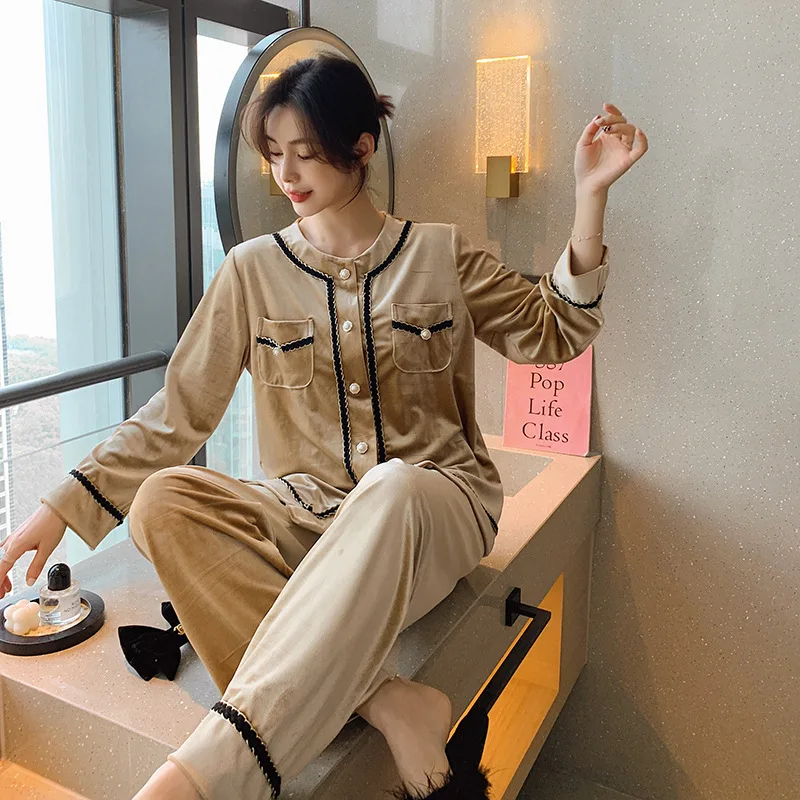 

Velour 2PCS Pajamas Set Casual Shirt&Pants Homewear 2021 New Lady Sleepwear Velvet Lounge Wear Intimate Lingerie Home Clothes