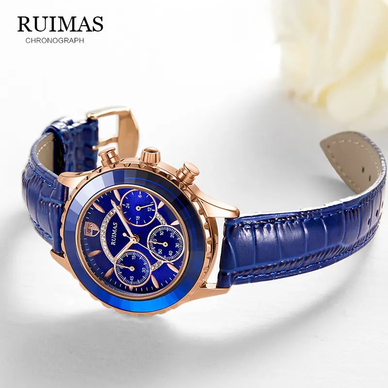 Женские часы RUIMAS роскошный бренд синие классические хронограф для наугад
