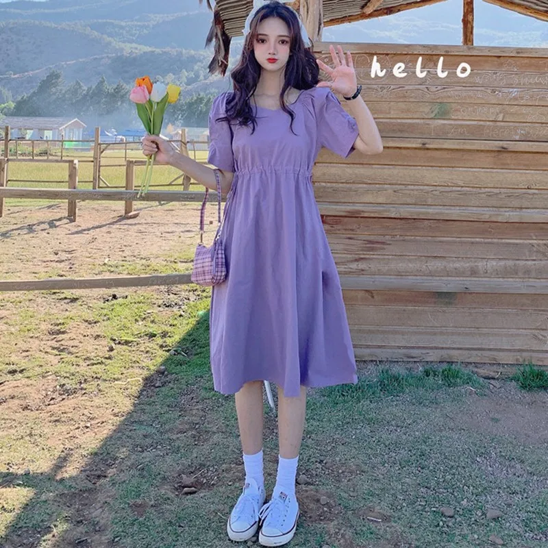 

Women Summer Casual Dress New Arrival 2021 Fashion Korean Style V-neck Solid Color Ladies Elegant A-line Long Dresses W448
