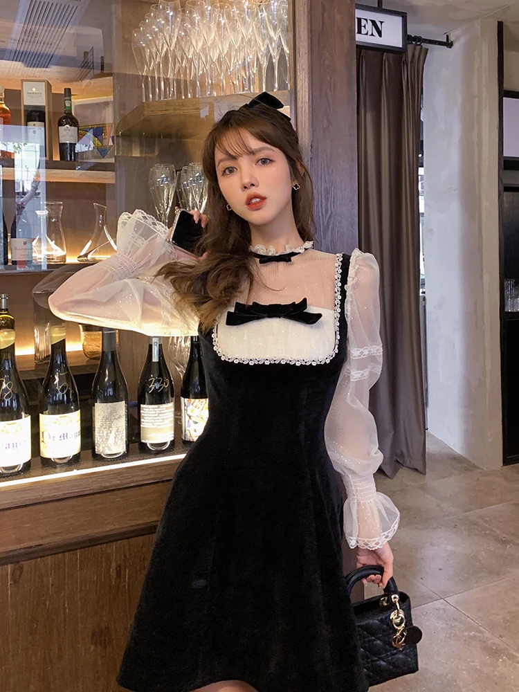 

French Vintage Dress Women 2021 Spring Lace Fairy Velvet One Piece Dress Korean Petal Sleeve Evening Party Elegant Dress Female