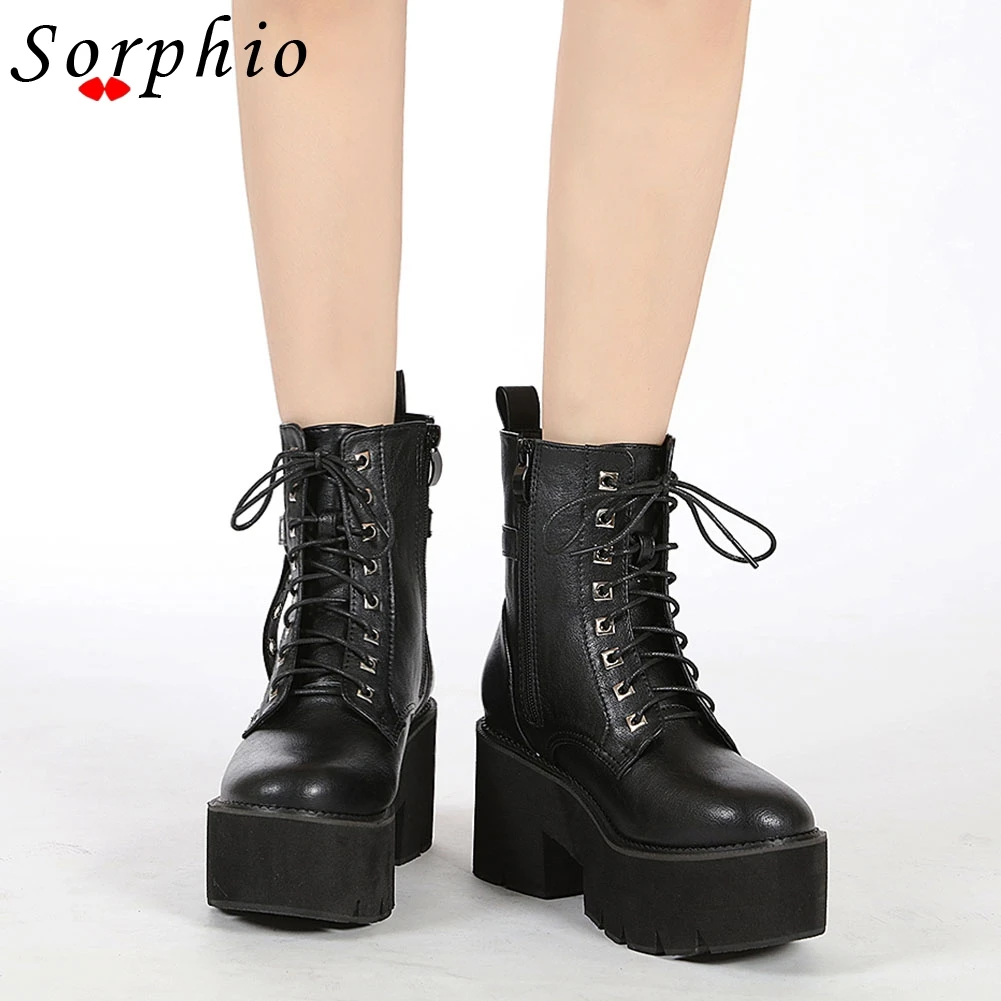 

Women Chunky Heel Goth Style Ankle Boots 2021 Winter Autumn Fashion Popular Shoes Woman High Quality Lace Up Ladies Round Toe