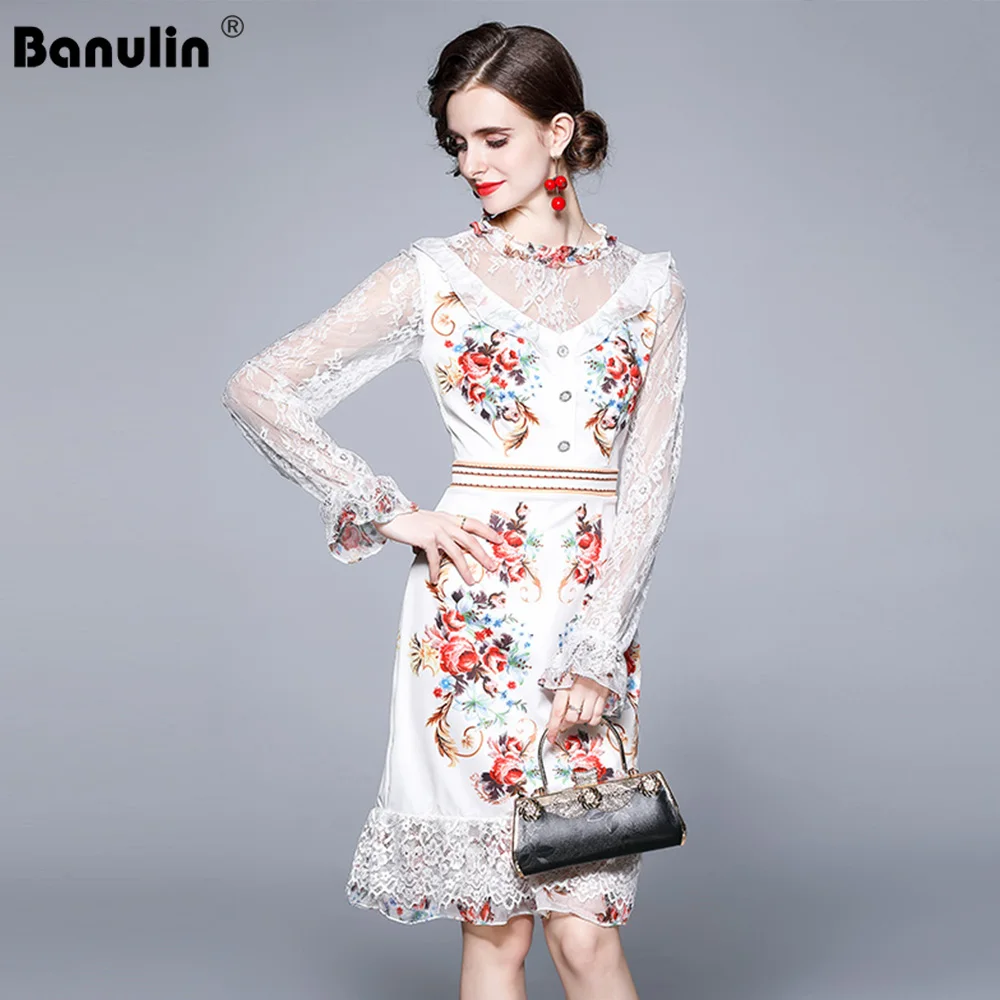 

Banulin 2021 Fashion Runway Summer Dress Women's O-Neck Vintage White Lace Patchwork Bodycon Sexy Mermaid Party Dress