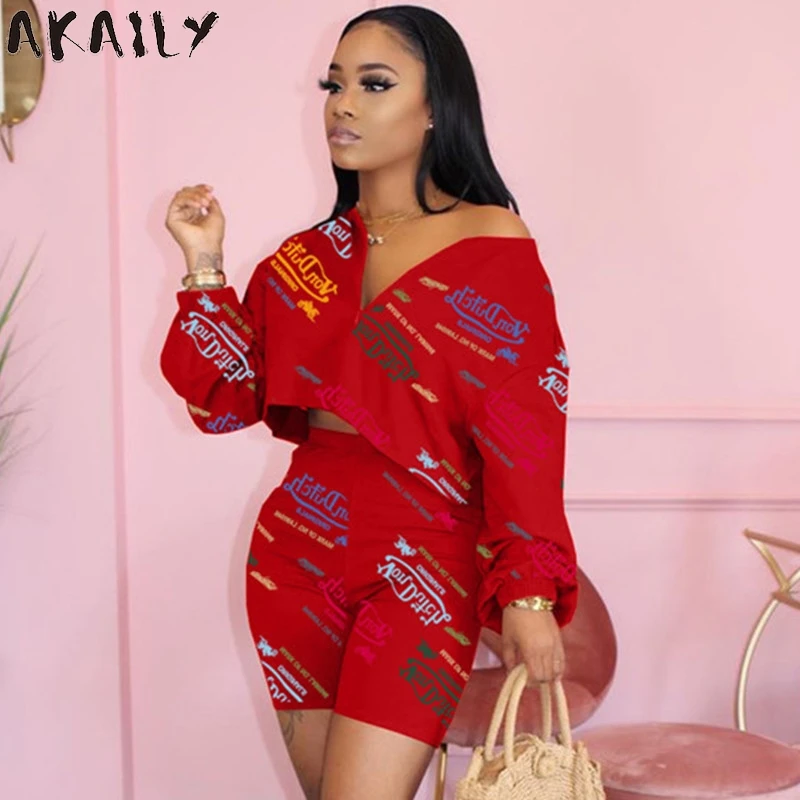 

Akaily Streetwear Summer Matching Sets Letter Print T Shirt and 2 piece Shorts Set Outfits Two Piece Set Tracksuit Women 2021