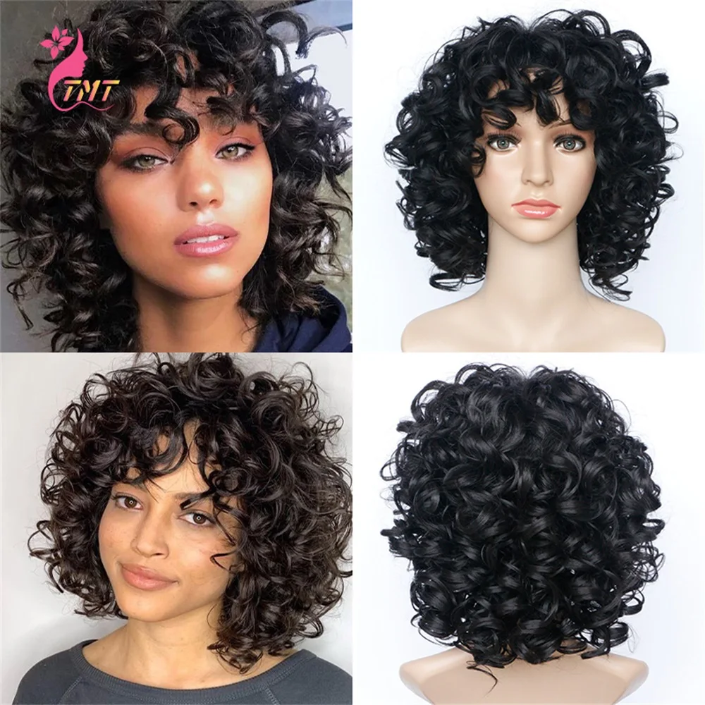 

Synthetic Short Curly Wigs with Bangs African American Full Kinky Curly Afro Hair Heat Resistant Wig for Black Women