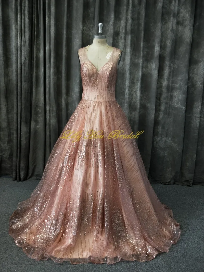 Sparkly Sequined Prom Dress Real Sample V Neck Sleeveless Open Back Lace up Party Gown