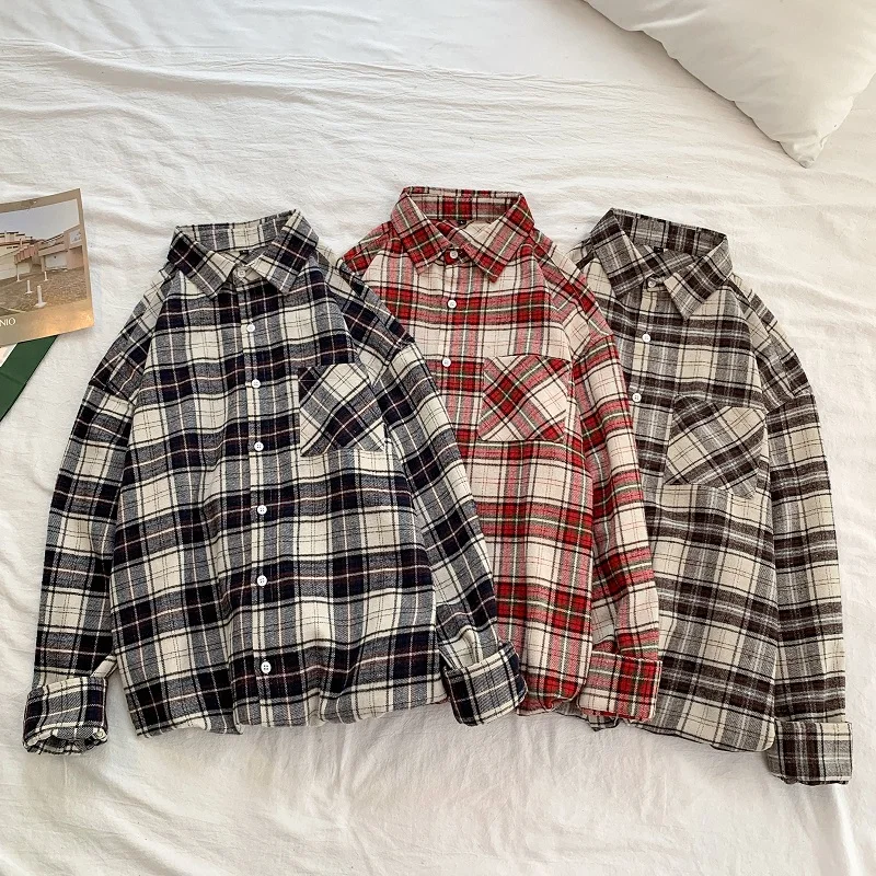 Privathinker 2020 Men Woman Japanese Spring Plaid Shirt Lady Korean Streetwear Loose Shirts Female Office Vintage Clothes | Женская