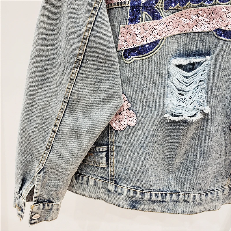 

Denim Women Jacket Autumn 2021 New Spring Vintage Sequins Pink Shiny Loose Coat Long Sleeve Outerwear Female Jacket