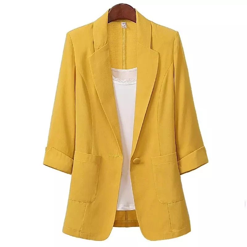 

Women Blazers Solid Color Summer Spring Coat Cotton Linen Medium Long Loose Suit Jacket Female Tops New