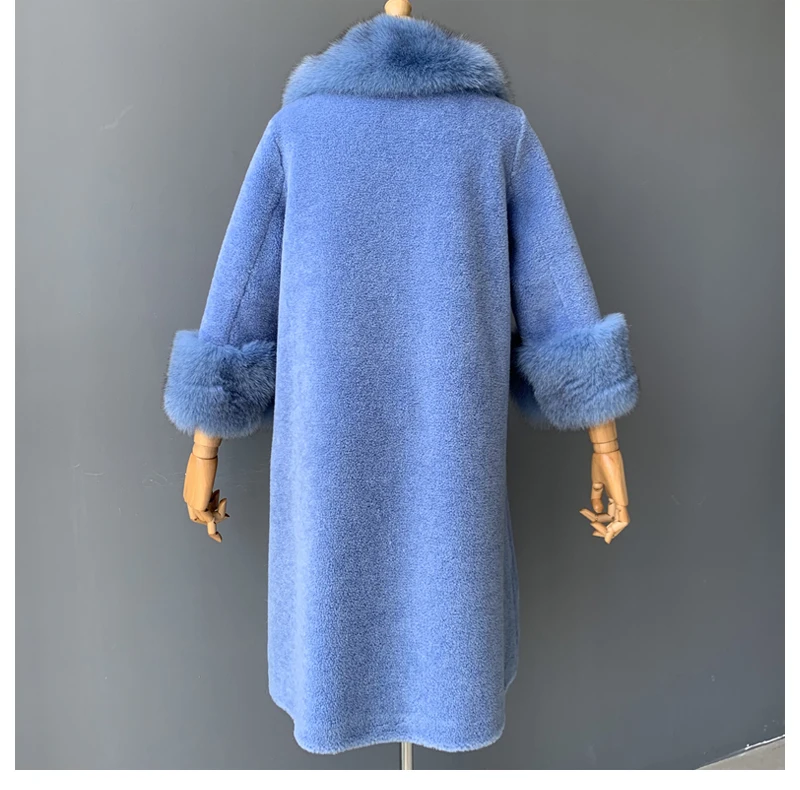 MAOMAOFUR/шерстяное пальто для женщин с натуральным лисьим меховым воротником и манжетами; теплая верхняя одежда для женщин; Новая модная длинная стильная куртка из натурального овечьего меха