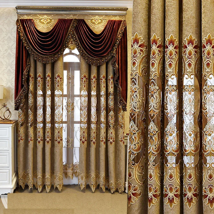 

Luxury Villa Embroidery Curtains Tulle Living Room European Brown Curtains Tulle Geometric Sheer Voile Window Drapes X-M041#WS