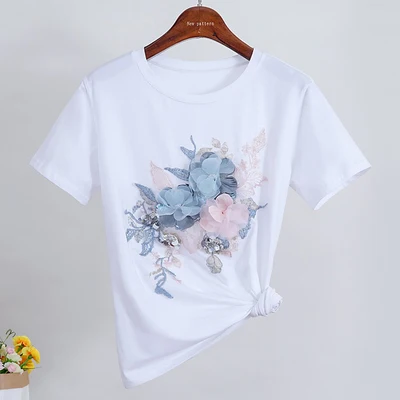 Женская футболка с коротким рукавом и цветочной вышивкой белая хлопковая