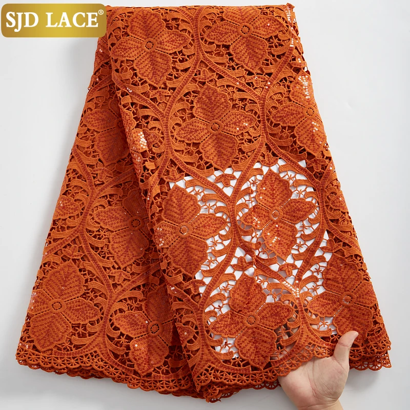 

Кружевная африканская кружевная ткань SJD, карамель, высококачественные блестки, водорастворимый гипюр, шнур, Ткань 5 ярдов, материалы для не...