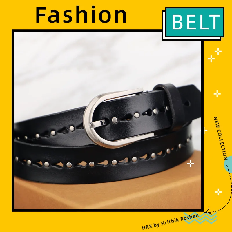 Leather Belt Women's Free Punch Leather Black Rivet Punk Fashion Wild European and American-Style Full Hole Belt Jeans Belt