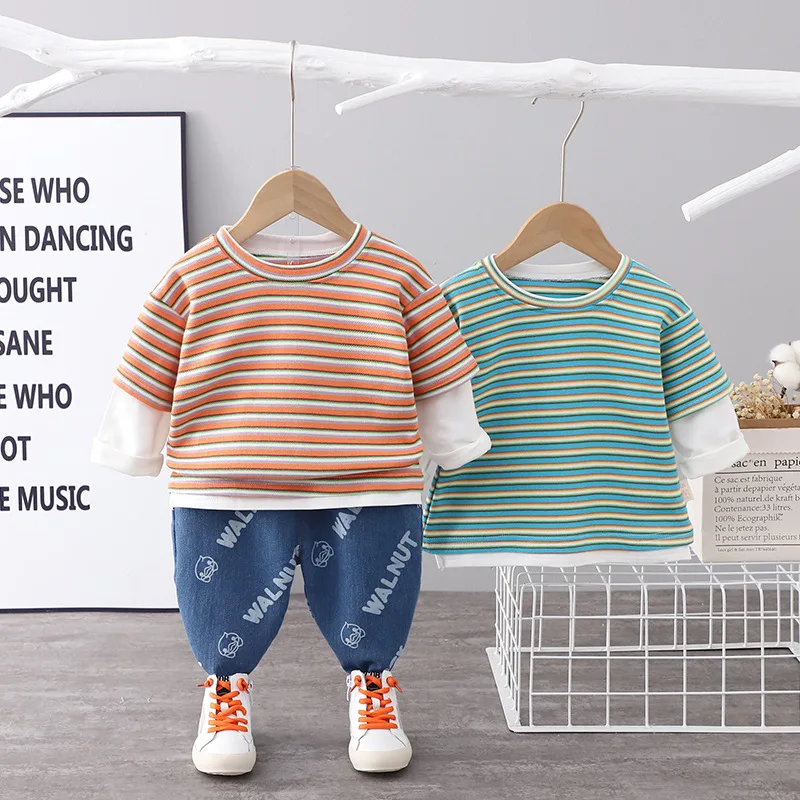 

Spring Autumn Baby Boys Clothing Sets 2021 New Fashion Kids Striped Patchwork T-shirt+Denim Letter Pants Toddler Girls Clothes