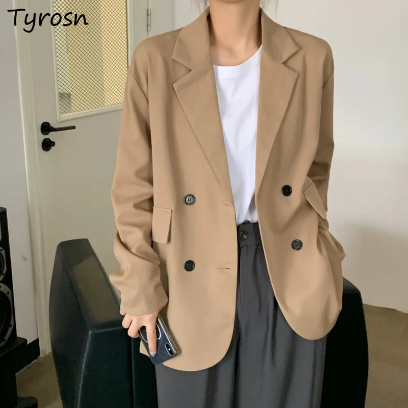 

Women Blazers S-3XL Double Breasted Draped Suits Elegant Ulzzang Casual Notched Collar Solid Simplicity Office Lady Retro Femme