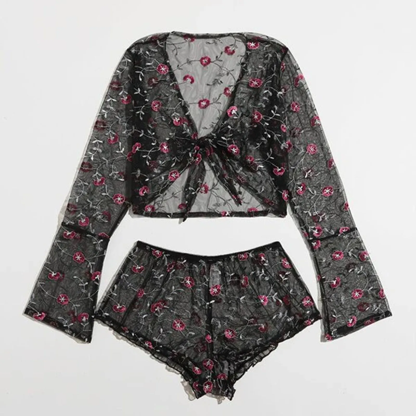 

Pajama suit Sexy Underwear Women Embroidery Perspective Tops Shorts Lingerie Pajamas Outfits Set Sexy Nightwear 2021 Pajama suit