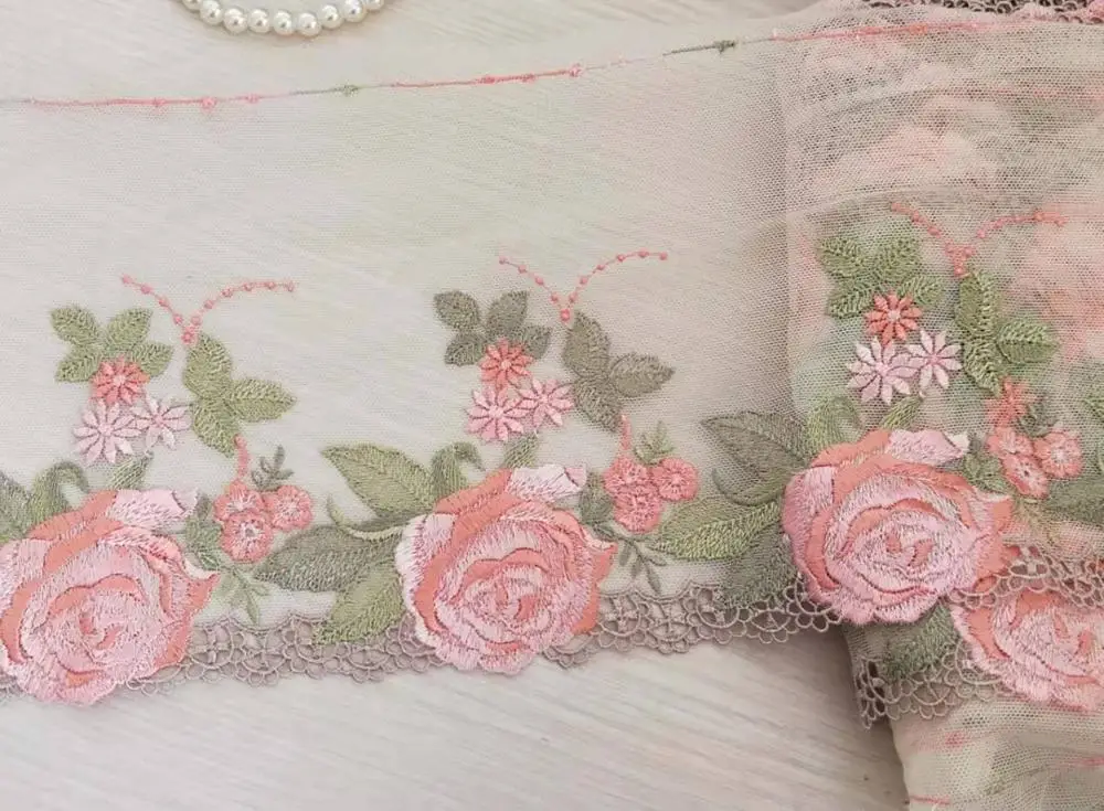 2 ярда кружевная отделка Цветочная вышивка розовое Тюлевое кружево 7 дюймов в