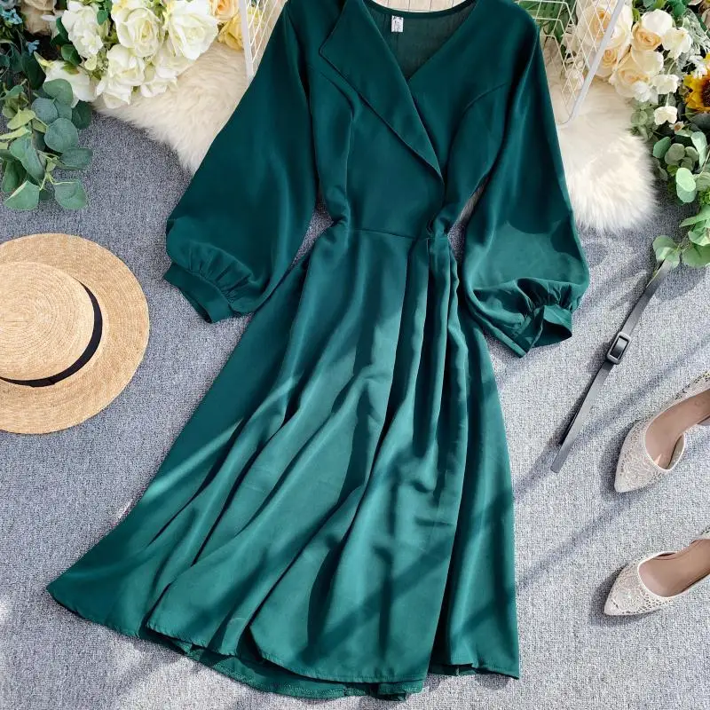 HISUMA Новинка осени для женщин с v-образным вырезом из шифона, с объемным рукавом Платье трапециевидной формы Женский V образным вырезом элегантное приталенное Феи платья
