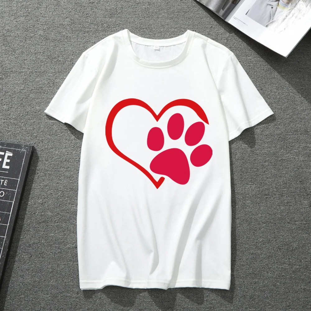 

T-shirt Men and Women Round Neck Short Sleeve White Love Footprint Pattern Printing Cute Girl Men Commuter Breathable Top