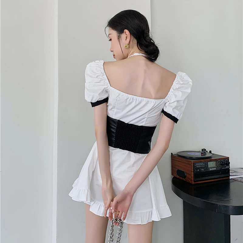 

XIZIHUPAN Sweet Dress For Women Square Collar Short Sleeve High Waist Patchwork Hit Color Mini Dresses Female Summer 2021 Tide