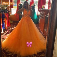 orange ball gown prom dresses v neck backless vestidos de noche cocktail party gowns appliques tulle evening wears recommend