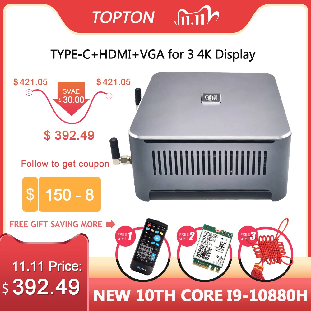 Мини-ПК TOPTON 10-го поколения Intel Core i9 10880H i7 10750H i5 10300H Windows 10 2 x DDR4/M.2 DP HDMI 4K HTPC NUC |