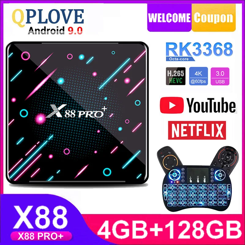 QPLOVE X88 Pro Plus Smart Android tv Box 9 0 OS RK3368 8 Core Chipest и PowerVR G6110 GPU 4 Гб 128 WiFI мультимедийный плеер |