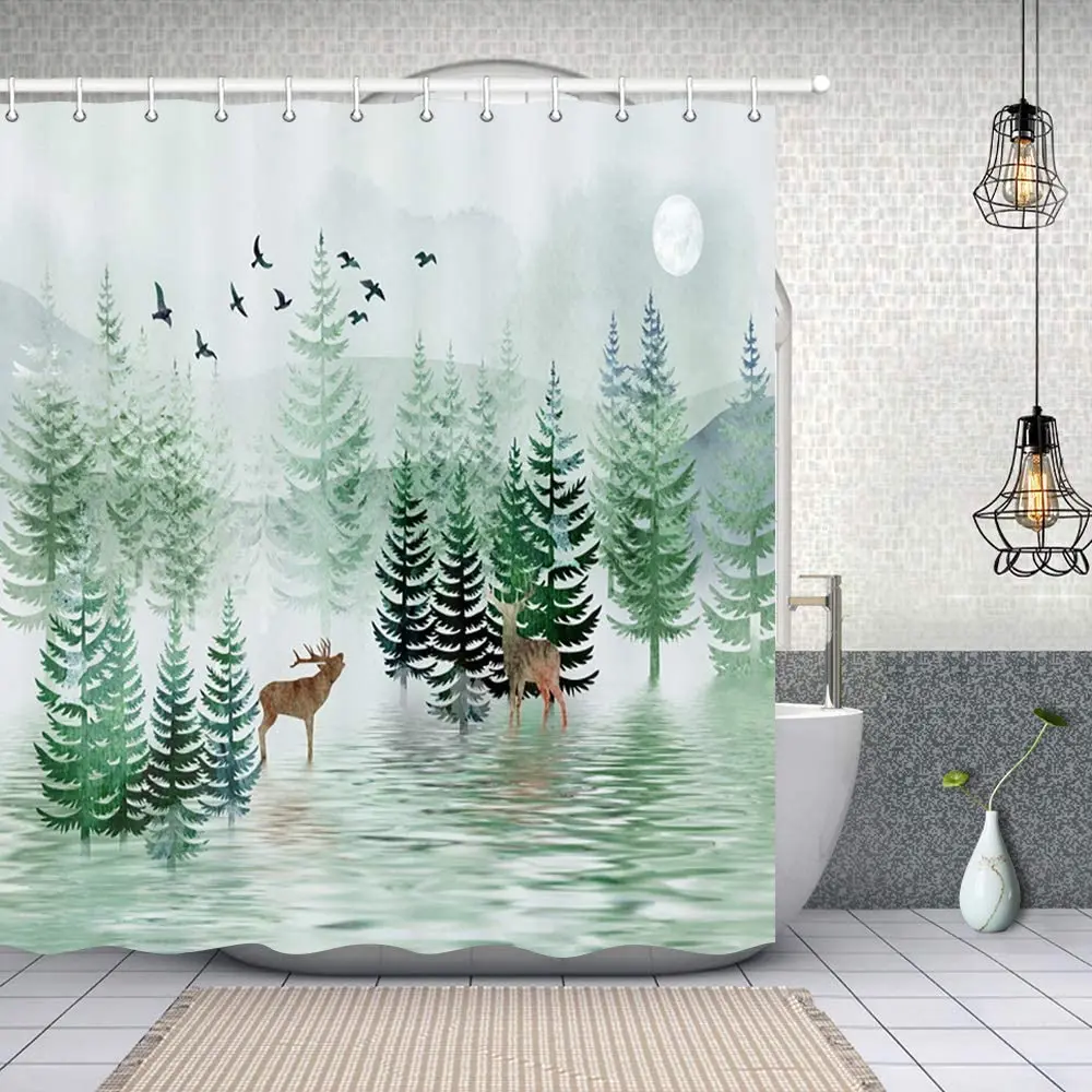 

Nature Forest Polyester Fabric Rustic Watercolor Pine Tree Bird Forest with Wildlife Deer in Mountain Bathroom Curtains
