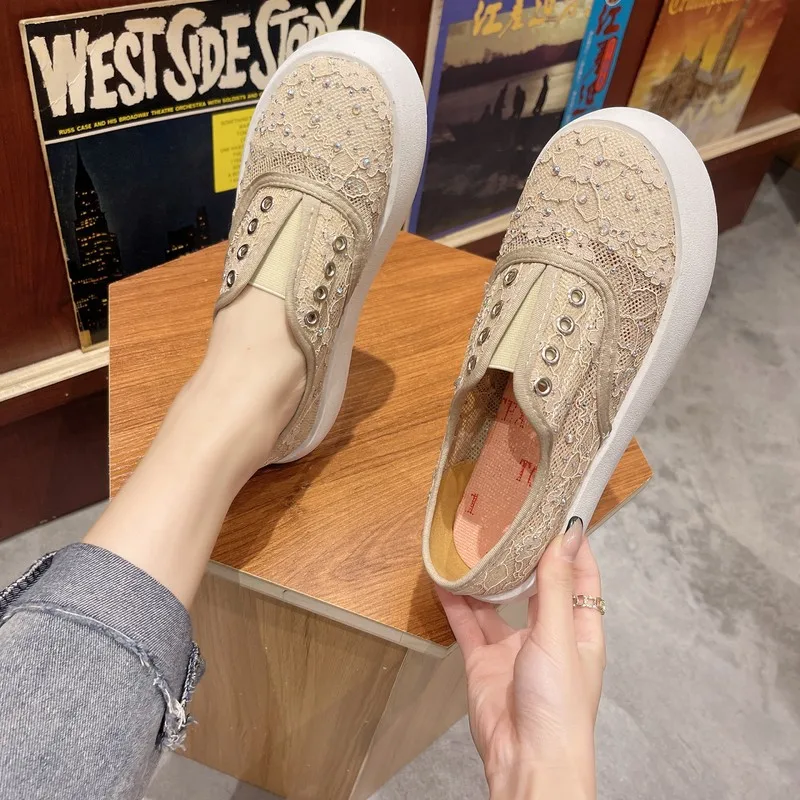 

Ladies Breathable Mesh Low Cut Thick Platform Shoes Slip On Loafers Women Summer Crystal Beading Round Toe Casual Shoes Flats