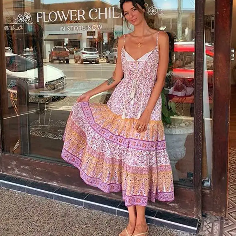 BOHO INSPIRED Lilac floral sleevless long boho dress tassle summer plus size women bohemia style beach Sundress new | Женская одежда