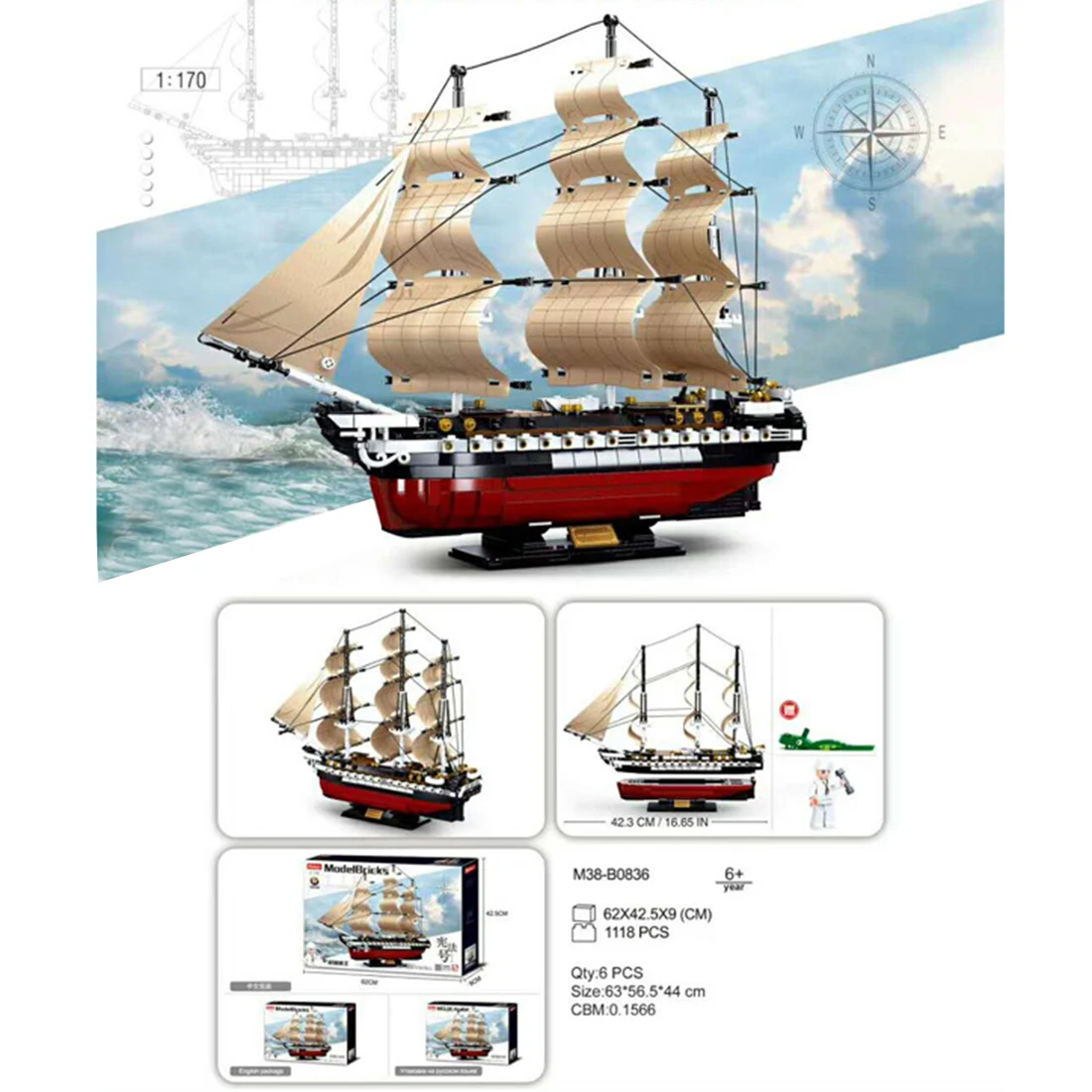 

1118Pcs 1:170 3D Puzzles Model Ship USS Constitution Sailing Frigate Bricks Toy Boat Model Plastic Block Building Assembly Toys