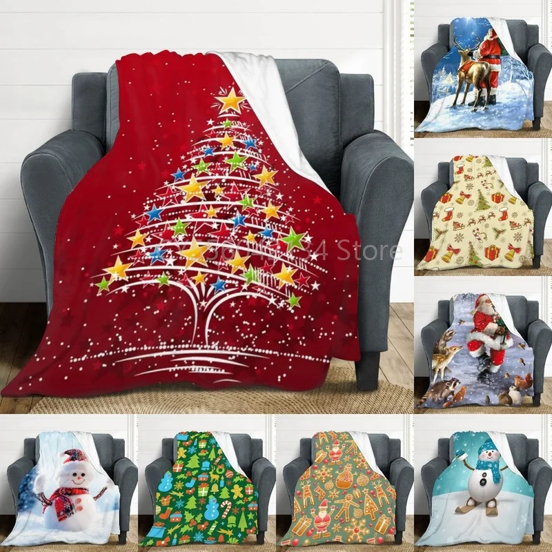 

Merry Christmas Throw Blanket Cartoon Santa Elk Snow Blanket Soft Fleece Nap Blanket for Sofa Beds