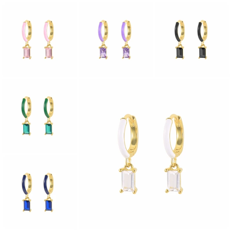 

MC Colorful Enamel Earrings For Girls Women 925 Sterling Silver Ear Hoops With Geometric Pink Green Purple White Zircon Pendant