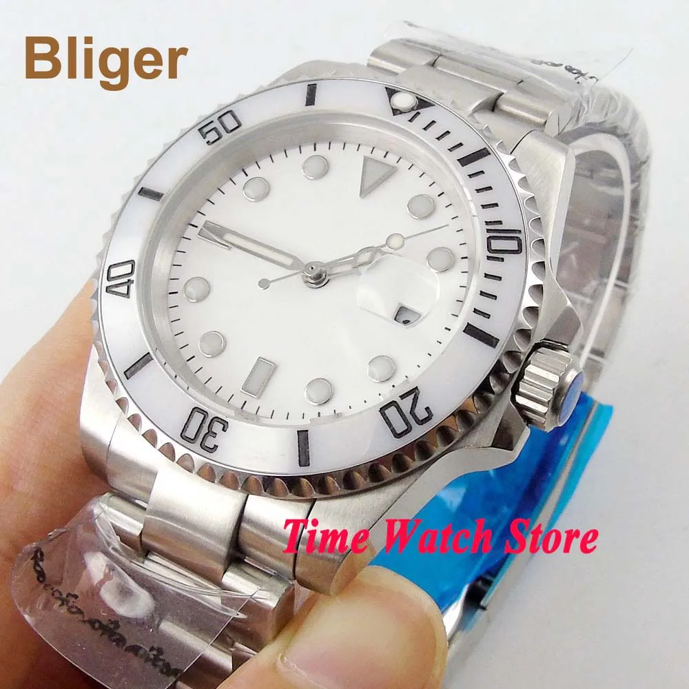 

Bliger 40 мм Miyota wateproof белый циферблат светящийся saphire стеклянный керамический ободок автоматический механизм мужские часы BL63