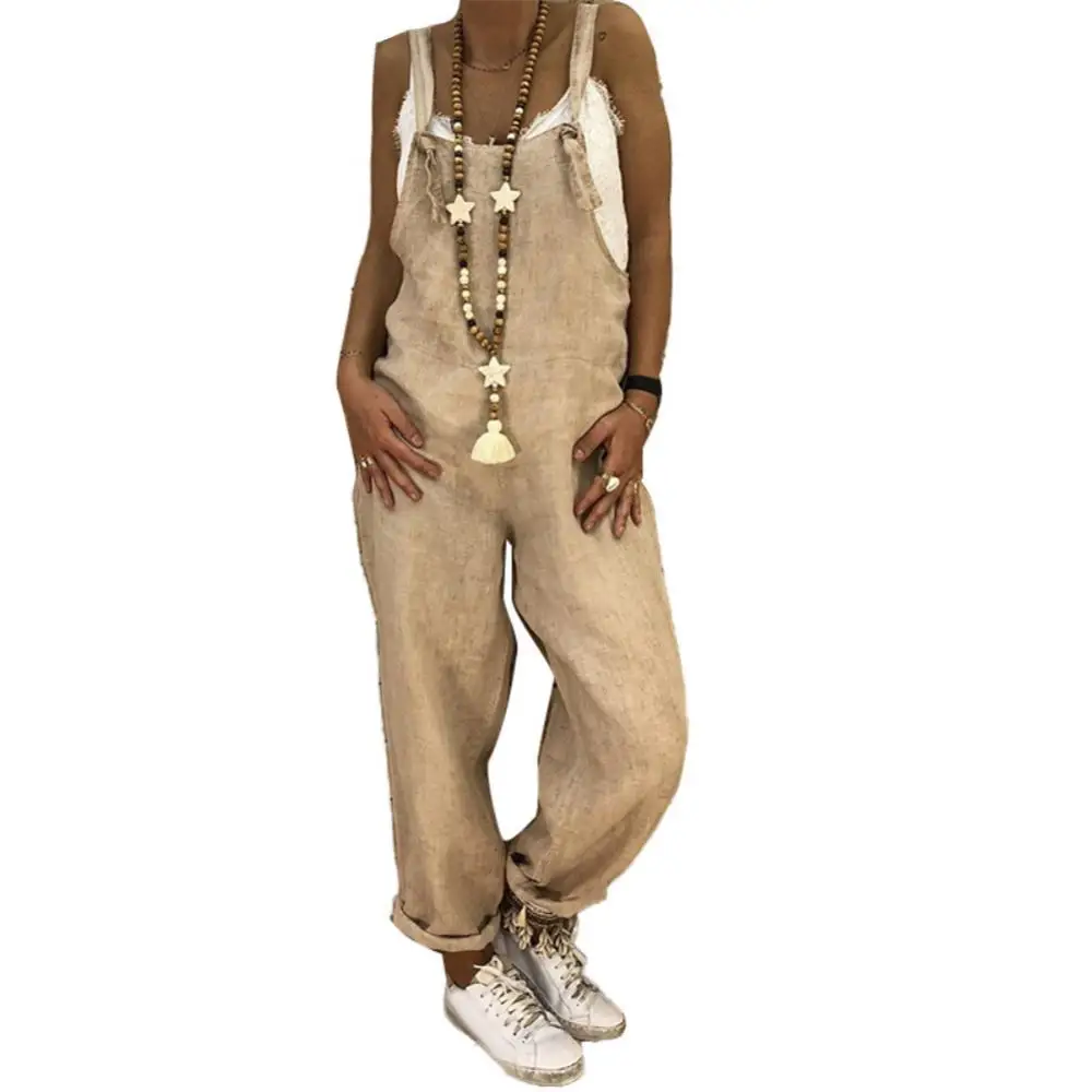 

Women Casual Solid Color Sleeveless Adjustable Straps Loose Jumpsuit Bib Overall
