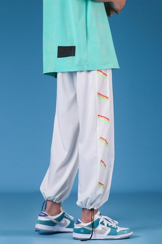 

Men's Summer Thin Loose All-Match Trendy Printed Ice Silk Leggings Drawstring Cropped Pants