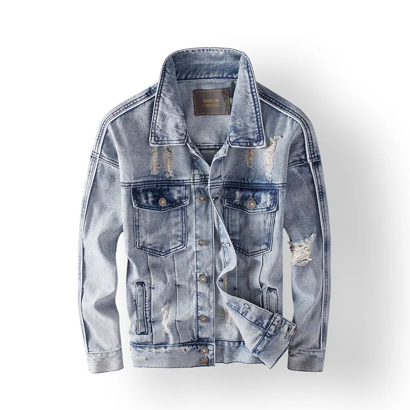

KIMSERE Man Destroyed Jean Jackets With Holes Washed Ripped Denim Trucker Jacket Outerwear Mens Hi Street Distressed Clothing