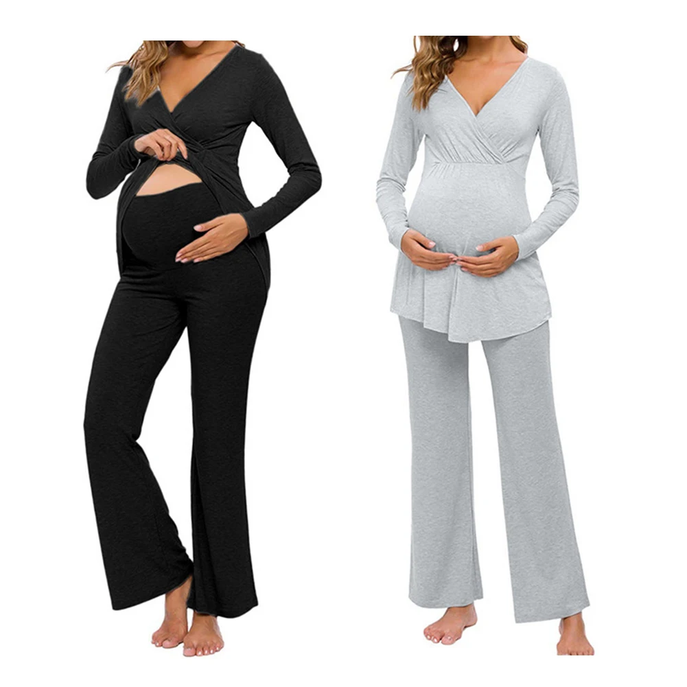 

Women Breastfeeding Sleepwear Long Sleeves Nursing Pajama Set Autumn Tops Pants Cotton Blend Pregnancy Casual Double Layer Home