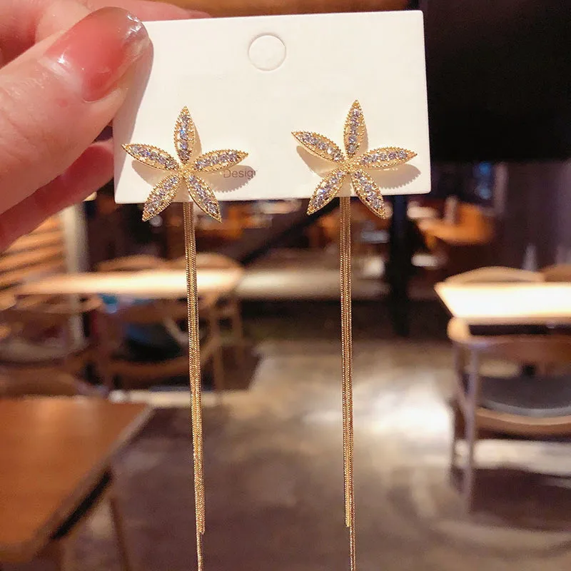 Женские длинные серьги с кисточками изящные блестящим цирконием модные