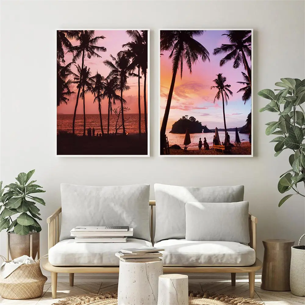 

Nordic Beach Coconut Tree Poster Sunset Glow Prints Natural Landscape Wall Art Canvas Painting Modern Pictures Living Room Decor