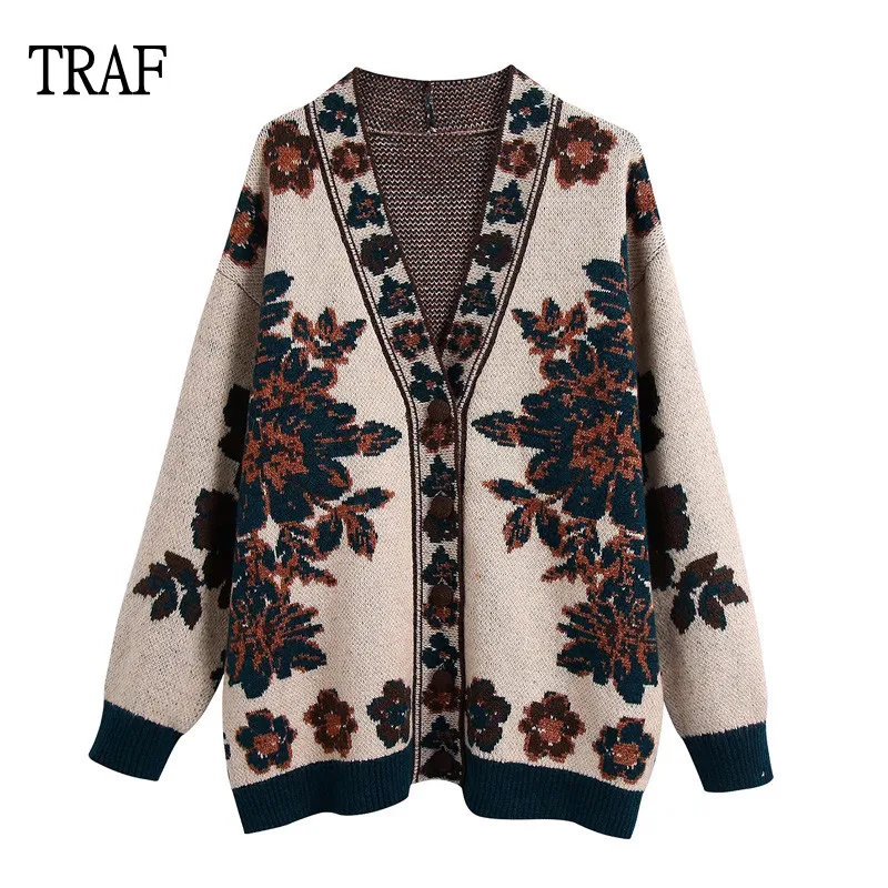 

TRAF Women Sweater Cardigan 2021 Autumn Jacquard Sweater Oversize Knit Jacket Long Sleeve Top Woman Buttons Knit Cardigan Top