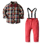 Комплект одежды для мальчиков, рубашка в клетку с галстуком-бабочкой + штаны на подтяжках, 2 шт.