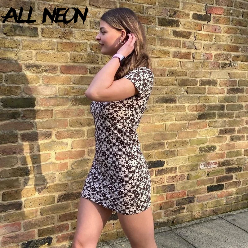 

ALLNeon Summer Vintage 90s Floral Print Short Sleeve Dresses Y2K Streetwear Turn Down Collar Brown Mini Dress 2021 Indie Outfit