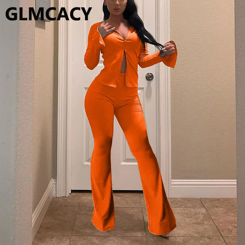 

Women Two Piece Solid Fall Winter Suits Long Sleeve Zipper Top and Skinny Flare Pants Set