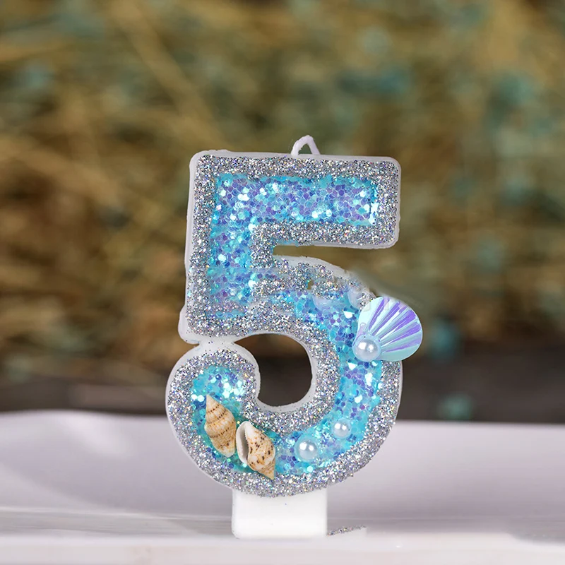 

1PC Blue sea shell Glitter Number Birthday Candles Cake Topper Birthday Wedding Digital Cakes Dessert Decor Birthday Decoration