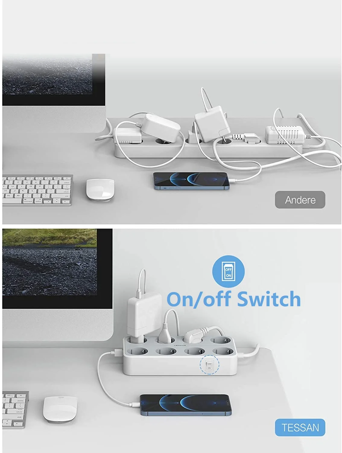 Удлинитель TESSAN настенный на 8 розеток С 3 USB портами|Удлинители электрические| |