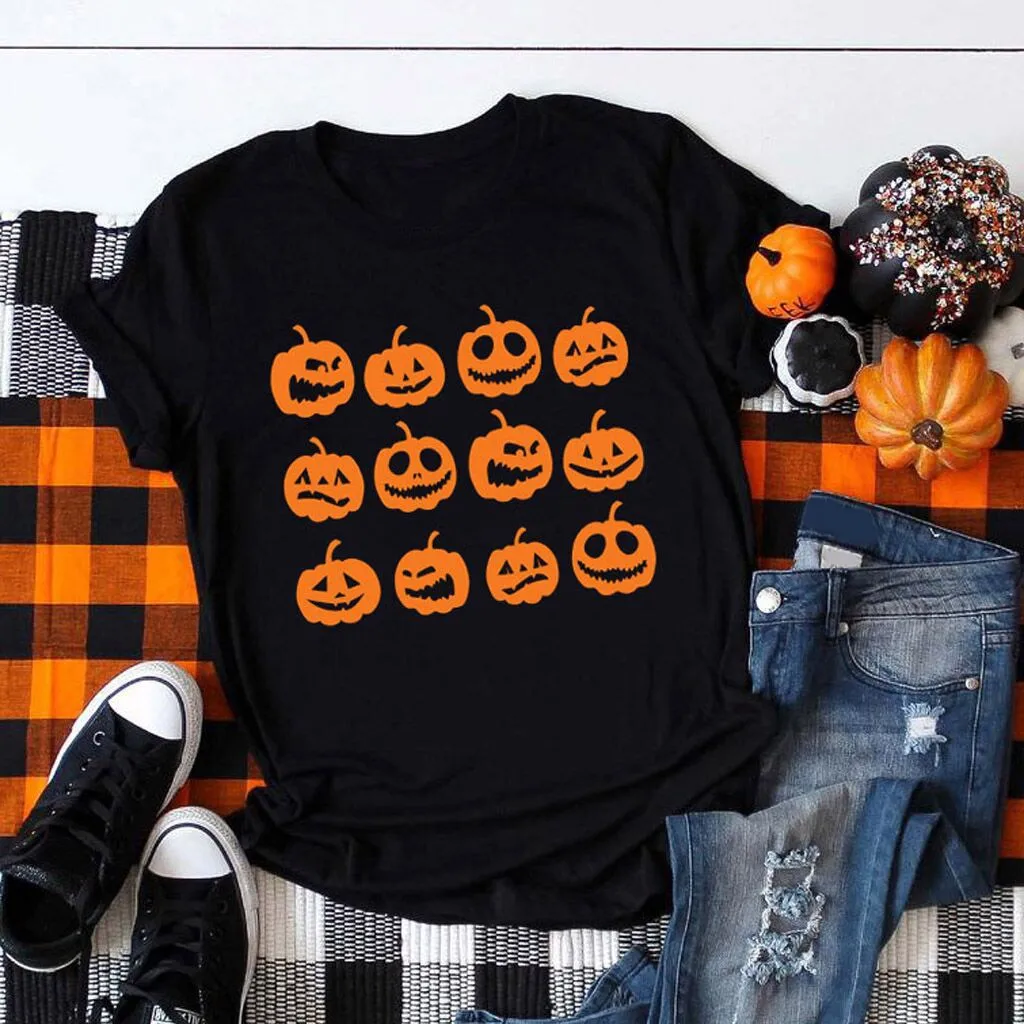 

Halloween-Printed-Woman-Tshirts- Fashion Shirts Funny Letter Graphic Short Sleeve Top Tees 100% Cotton O Neck Women Tshirts