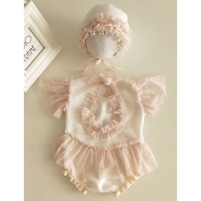 

2Pcs Newborn Photography Props Suit Lace Romper Hat Set Knit Outfits Clothing 24BE