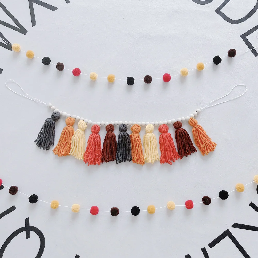 

Ins Decor Set Nordic Tassel Ornaments Wooden Beads String Pendant Wall Hanging Tapestry Children's Room Bohemian Decoration