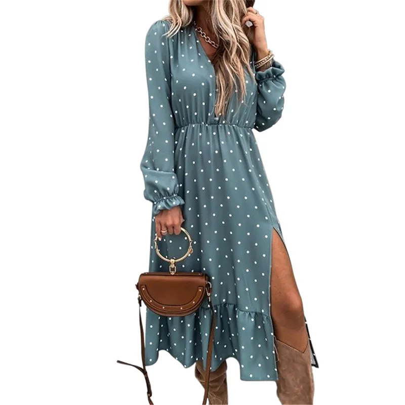 

Women's chiffon long skirt 2021 spring new women's elegant retro V-Neck long sleeve A-line skirt slit polka dot print dress